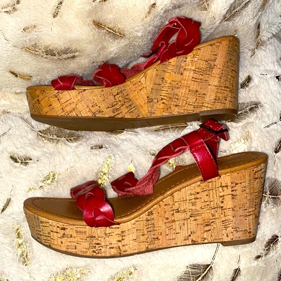 Nicole Braided Red Platform Heel Cork Sandals - Picture 3 of 13